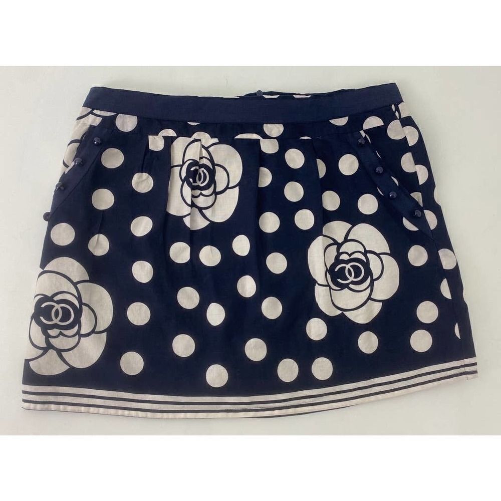 Khaki Krew Floral Skirt Cotton Navy Blue White Lined Roses Spring - Size Large